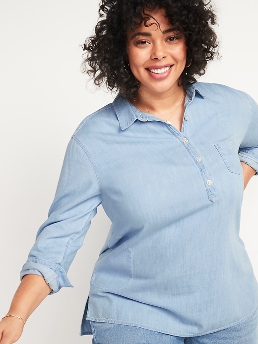 Image number 1 showing, Oversized No-Peek Plus-Size Jean Popover Tunic Shirt