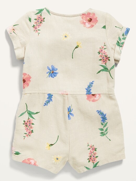 View large product image 2 of 2. Short-Sleeve Linen-Blend Floral Romper for Baby