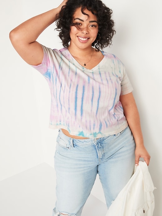 Image number 1 showing, Loose Tie-Dyed V-Neck Plus-Size Crop Tee