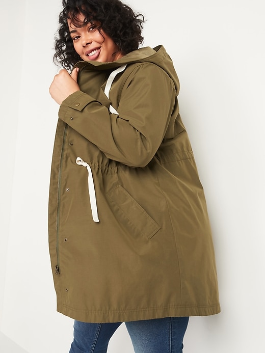 View large product image 1 of 1. Water-Resistant Hooded Tie-Waist Plus-Size Trench Coat