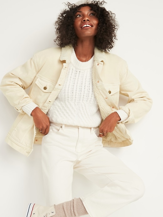 Image number 1 showing, Oversized Sherpa-Lined Boyfriend Off-White Jean Jacket for Women