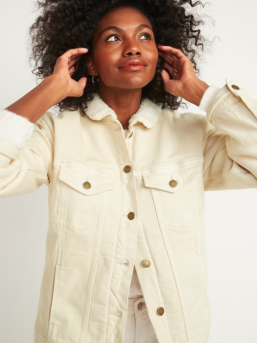 Image number 3 showing, Oversized Sherpa-Lined Boyfriend Off-White Jean Jacket for Women