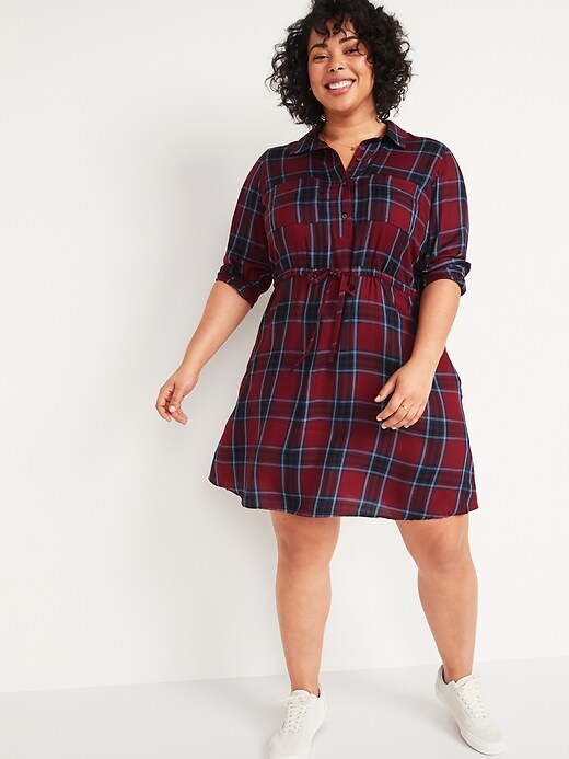 View large product image 1 of 1. Waist-Defined Plaid Flannel No-Peek Plus-Size Shirt Dress