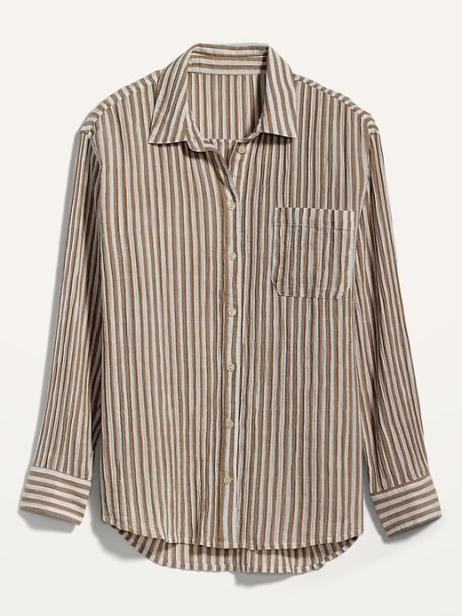 View large product image 1 of 1. Oversized Boyfriend Striped Crinkle-Textured Shirt for Women