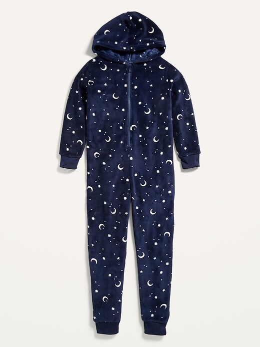 View large product image 1 of 1. Gender-Neutral Celestial-Print Micro Fleece Hooded One-Piece Pajamas for Kids