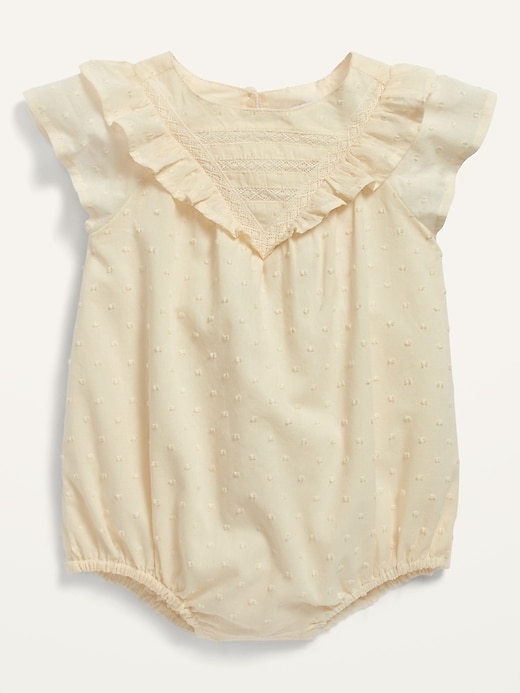 View large product image 1 of 1. Ruffle-Trim Swiss Dot Romper for Baby