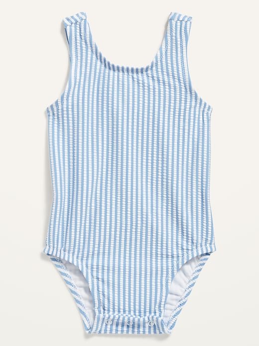View large product image 1 of 2. Seersucker-Stripe Ruffle-Trim Swimsuit for Baby