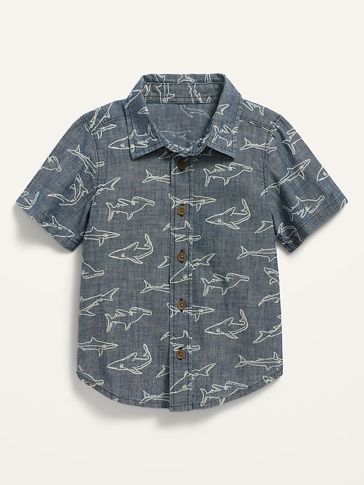 View large product image 1 of 1. Short-Sleeve Shark-Print Chambray Shirt for Toddler Boys