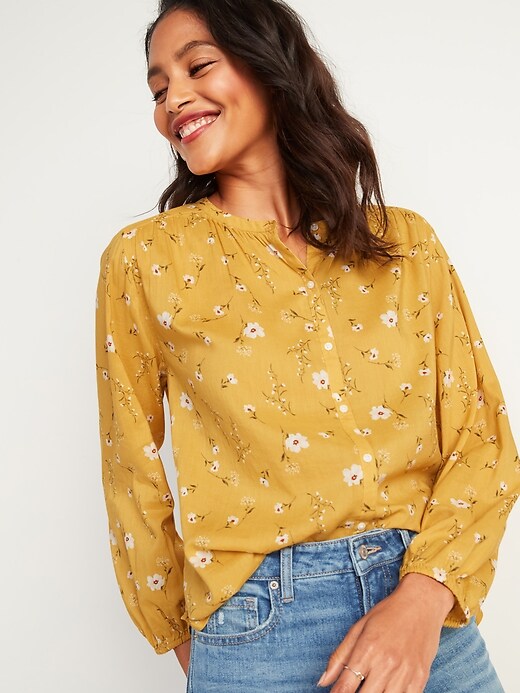 Image number 1 showing, Oversized Floral-Print Button-Front Poet Blouse for Women