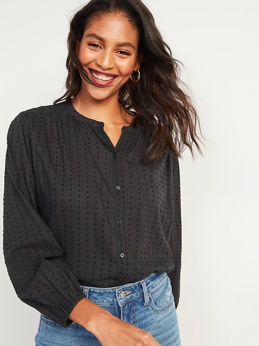 Image number 1 showing, Oversized Textured Clip-Dot Button-Front Blouse for Women