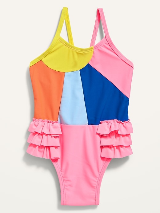 View large product image 1 of 2. Ruffle-Trim Color-Blocked Swimsuit for Toddler Girls