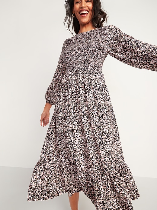 View large product image 1 of 1. Smocked Floral-Print Fit & Flare Midi Dress