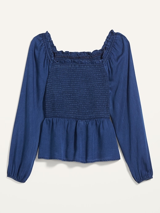 View large product image 1 of 1. Ruffled Square-Neck Smocked Chambray Blouse for Women