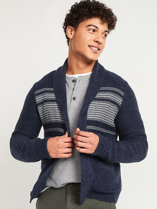 Image number 1 showing, Textured-Stripe Shawl-Collar Button-Front Cardigan Sweater