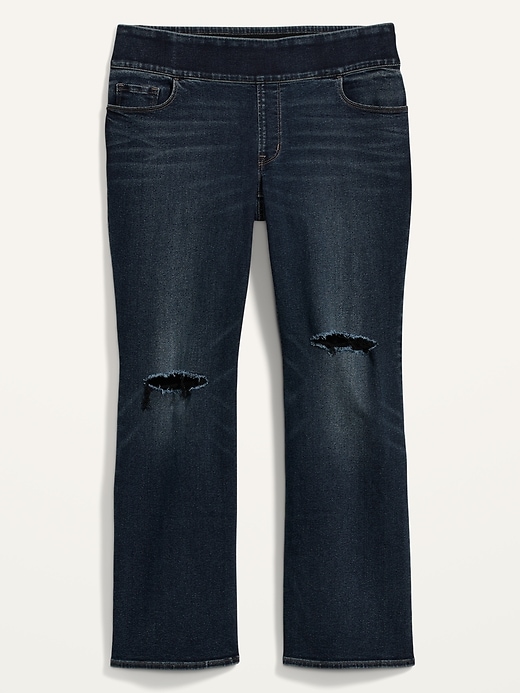 View large product image 1 of 1. High-Waisted Pull-On Plus-Size Kicker Ripped Boot-Cut Jeans