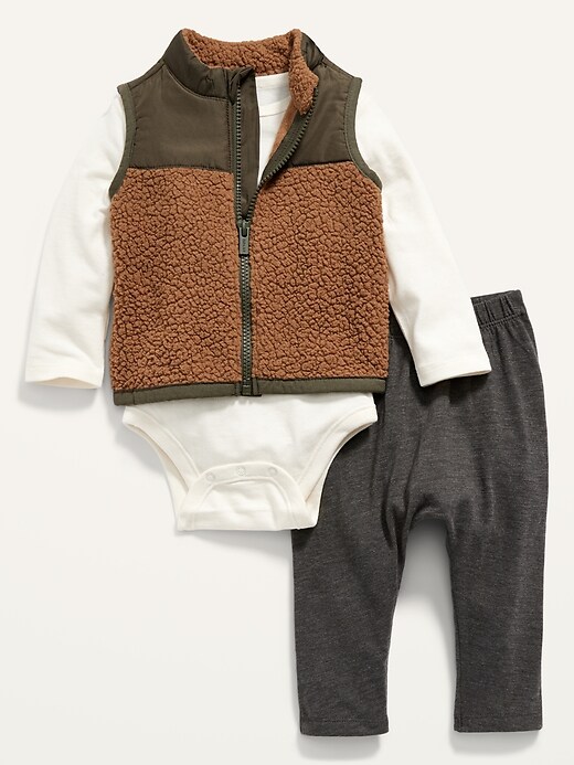 View large product image 1 of 2. Unisex Sherpa Vest, Bodysuit & Pants 3-Piece Set for Baby