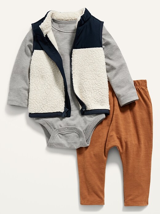 View large product image 1 of 1. Unisex Sherpa Vest, Bodysuit & Pants 3-Piece Set for Baby