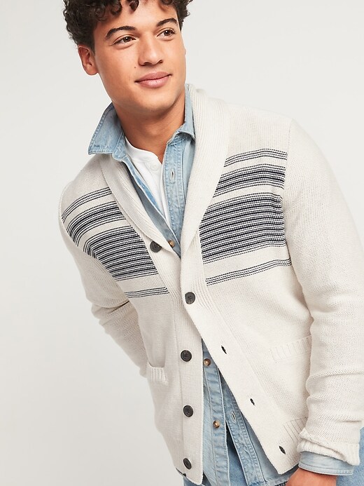 View large product image 1 of 1. Textured-Stripe Shawl-Collar Button-Front Cardigan Sweater