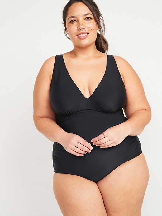 View large product image 1 of 1. Deep V-Neck Secret-Slim Underwire Plus-Size One-Piece Swimsuit