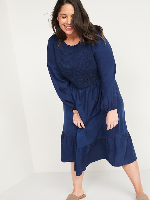 Image number 1 showing, Smocked Chambray Fit & Flare Plus-Size Midi Dress