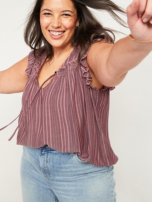 Image number 1 showing, Ruffled Crinkle-Texture Striped Tie-Neck Plus-Size Blouse