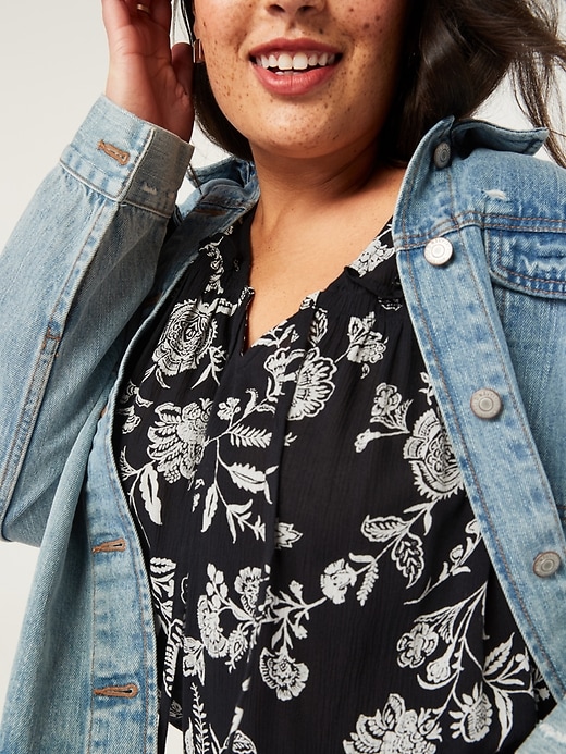 Image number 3 showing, Ruffled Crinkle-Texture Printed Tie-Neck Plus-Size Blouse