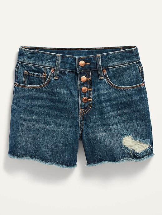View large product image 1 of 1. Extra High-Waisted Dark-Wash Distressed Cut-Off Jean Shorts for Girls