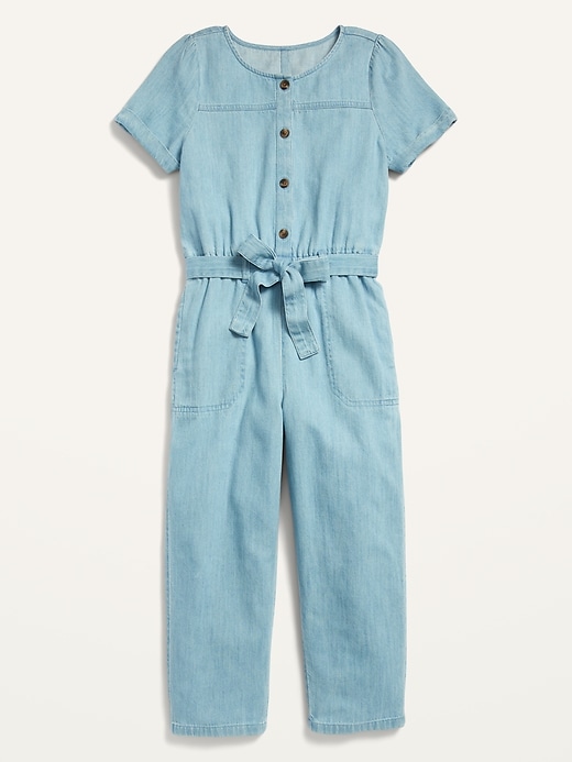 View large product image 1 of 1. Short-Sleeve Chambray Jumpsuit for Girls