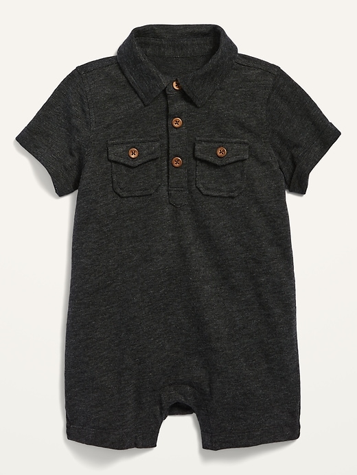 View large product image 1 of 1. Unisex Jersey-Knit Utility-Pocket Henley Short One-Piece for Baby