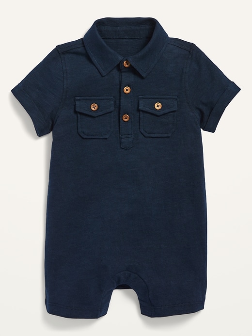 View large product image 1 of 1. Unisex Solid Slub-Knit Polo One-Piece for Baby
