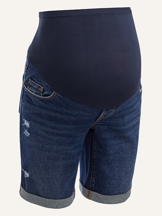 View large product image 1 of 1. Maternity Full Panel Ripped Bermuda Jean Shorts -- 9-inch inseam