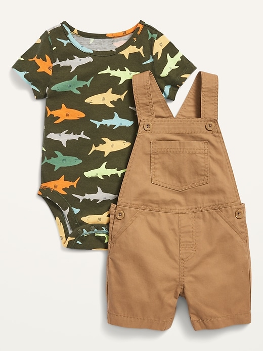 View large product image 1 of 1. Twill Shortalls & Jersey Bodysuit Set for Baby