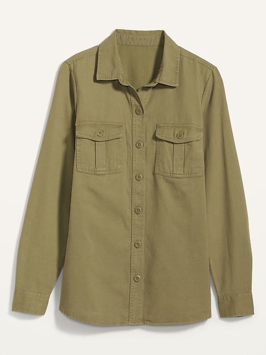 View large product image 1 of 1. Twill Utility-Pocket Tunic Camp Shirt for Women