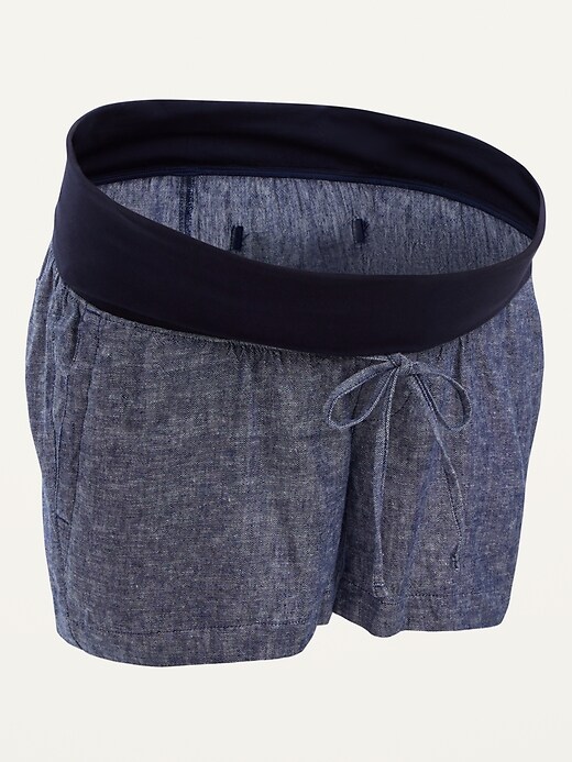 View large product image 1 of 1. Maternity Rollover-Waist Linen-Blend Shorts -- 4-inch inseam