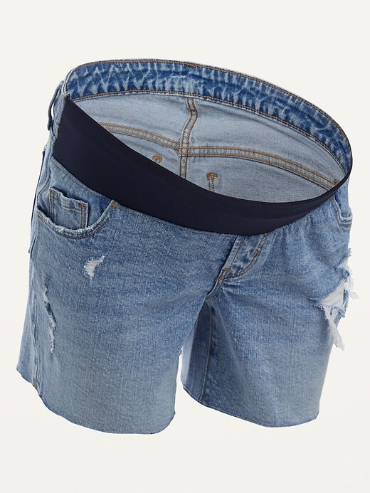 View large product image 1 of 1. Maternity Front Low-Panel Ripped Boyfriend Jean Cut-Off Shorts -- 5-inch inseam