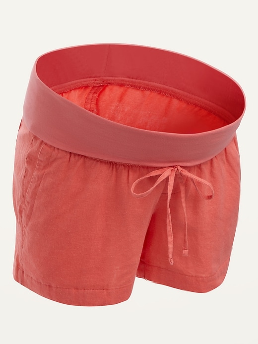 View large product image 1 of 1. Maternity Rollover-Waist Linen-Blend Shorts -- 4-inch inseam