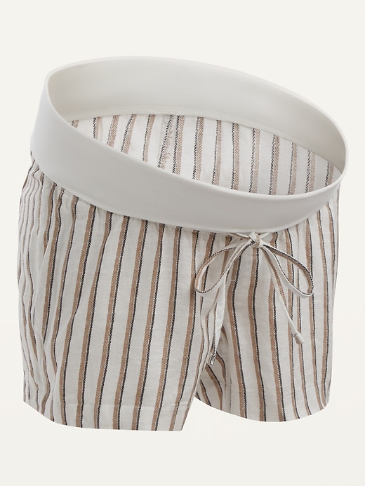 View large product image 1 of 1. Maternity Rollover-Waist Striped Linen-Blend Shorts -- 4-inch inseam