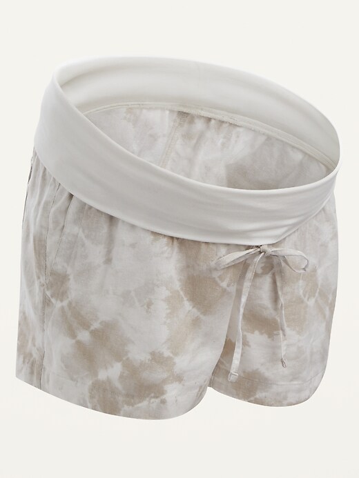View large product image 1 of 1. Maternity Rollover-Waist Tie-Dye Linen-Blend Shorts -- 4-inch inseam