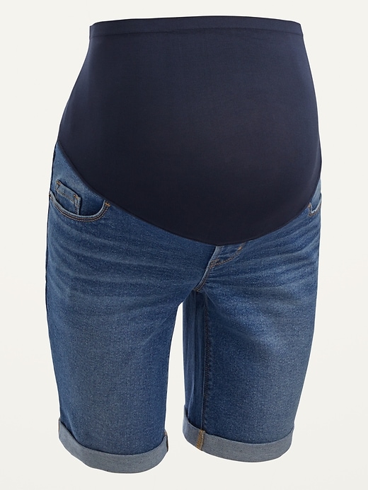 View large product image 1 of 1. Maternity Full Panel Bermuda Jean Shorts -- 9-inch inseam
