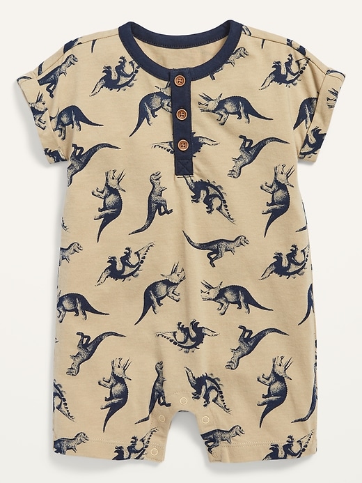 View large product image 1 of 1. Short-Sleeve Dino-Print One-Piece for Baby