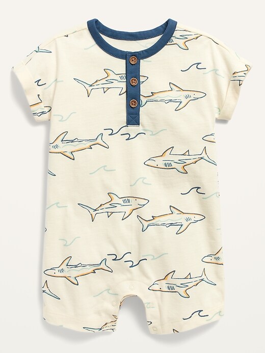 View large product image 1 of 1. Shark-Print Henley Short One-Piece for Baby