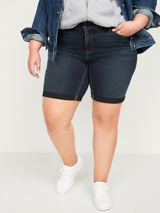 Image number 1 showing, Mid-Rise Secret-Smooth Pockets Plus Size Bermuda Jean Shorts -- 9-inch inseam