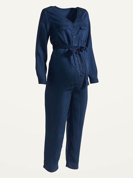 View large product image 1 of 1. Maternity V-Neck Tie-Belt Utility Jumpsuit