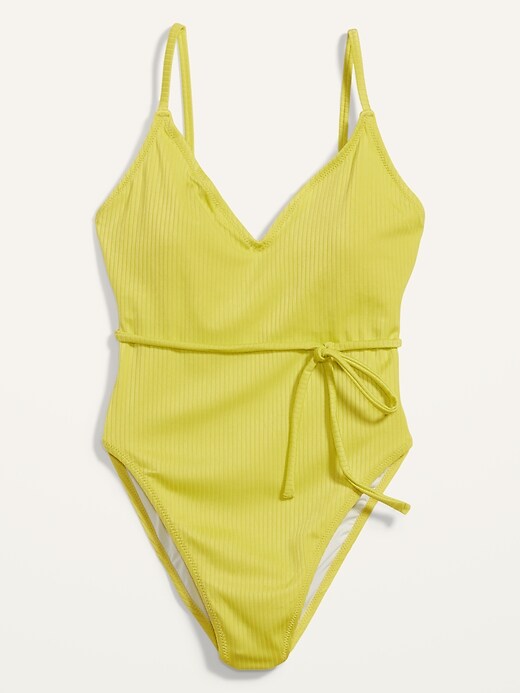 Image number 4 showing, Textured-Rib V-Neck Tie-Waist One-Piece Swimsuit