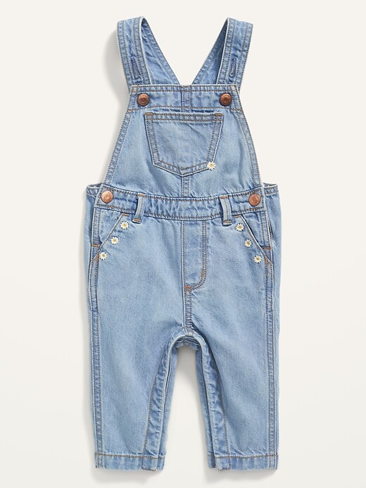 View large product image 1 of 2. Embroidered-Daisy Light-Wash Jean Overalls for Baby