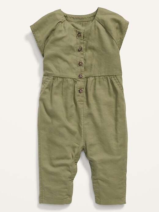 View large product image 1 of 2. Short-Sleeve Twill Utility Jumpsuit for Baby