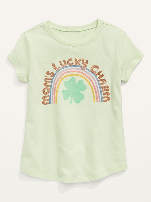 View large product image 1 of 2. St. Patrick's Day "Mom's Lucky Charm" Graphic Tee for Toddler Girls