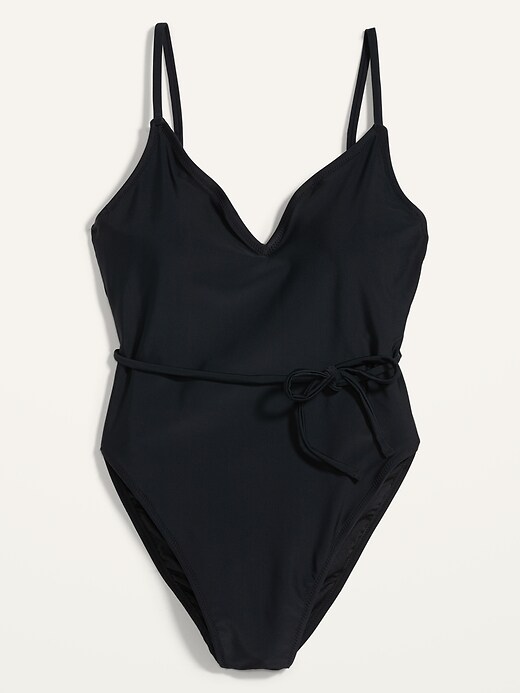 View large product image 2 of 2. V-Neck Tie-Belt One-Piece Swimsuit