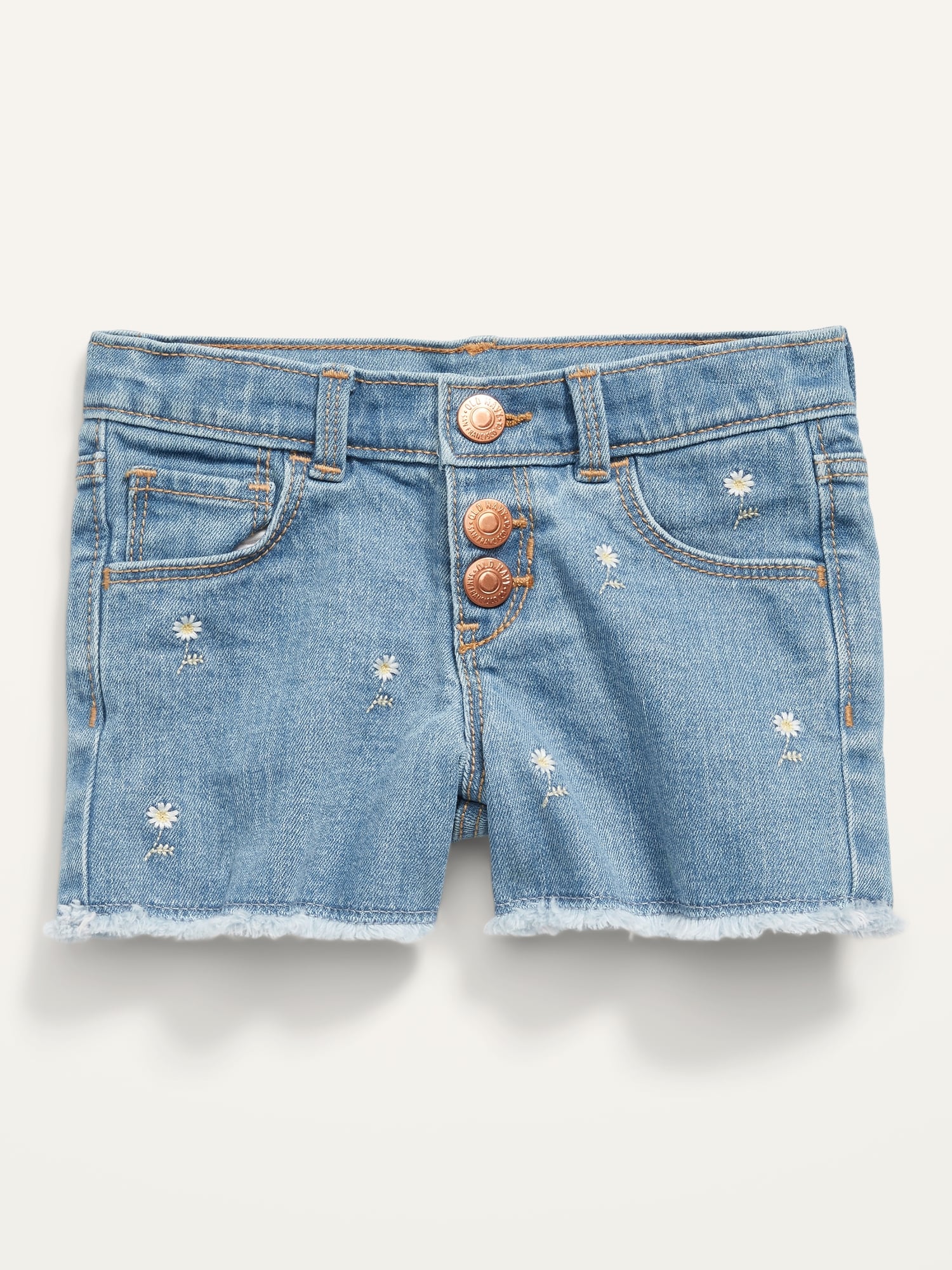 Embroidered Daisy Snap-Fly Cut-Off Jean Shorts for Toddler Girls