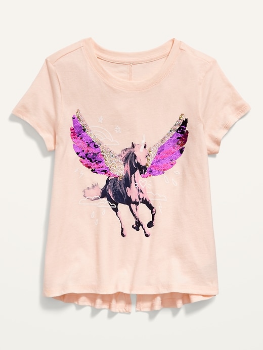 View large product image 1 of 1. Flippy-Sequin Graphic Split-Back Tee for Girls